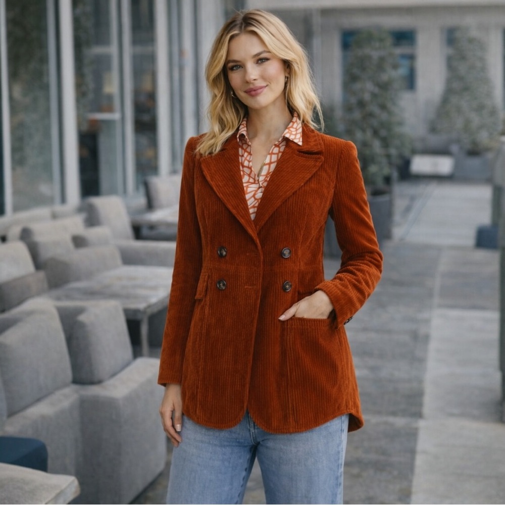 CAbi Professor Peacoat Russet Stretch Corduroy Double Breasted Jacket - Size S